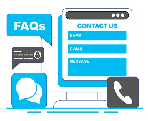 Graphic with contact form and FAQs icons, encouraging users to get in touch.