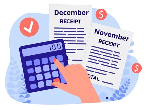 Graphic of a hand typing on a calculator and two receipts