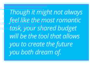White text on a blue background reads: "Though it might not always feel like the most romantic task, your shared budget will be the tool that allows you to create the future you both dream of."