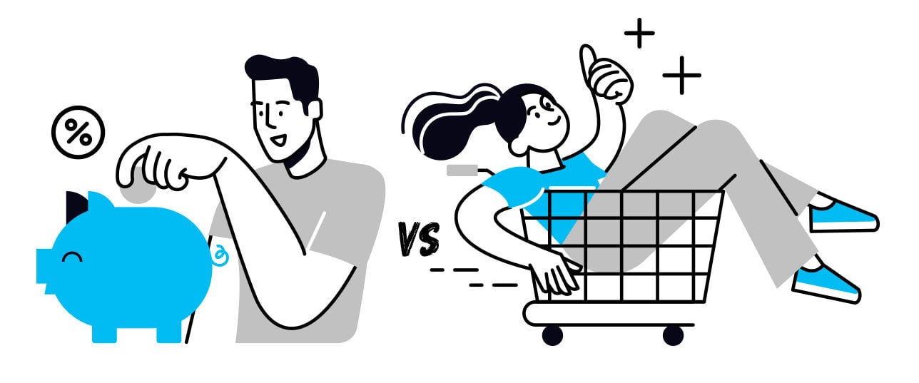A black and white digital illustration shows a man placing a coin into a piggy bank on the left and a woman happily sitting in a shopping cart on the right, with "VS" between them.