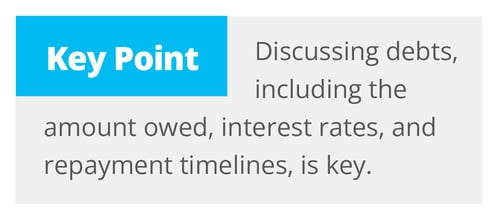 A text box with a blue header labeled "Key Point" reads: "Discussing debts, including the amount owed, interest rates, and repayment timelines, is key."