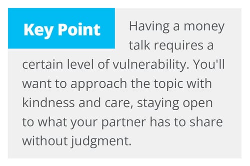 A text box with a blue header labeled "Key Point" reads: "Having a money talk requires a certain level of vulnerability. You'll want to approach the topic with kindness and care, staying open to what your partner has to share without judgment."