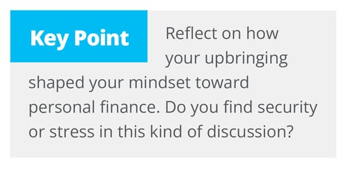 A text box with a blue header labeled "Key Point" reads: "Reflect on how your upbringing shaped your mindset toward personal finance. Do you find security or stress in this kind of discussion?"
