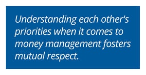 White text on a blue background reads: "Understanding each other's priorities when it comes to money management fosters mutual respect."