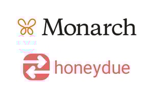 Logos for Monarch and Honeydue, two financial management apps, displayed in black and pink text with respective icons.