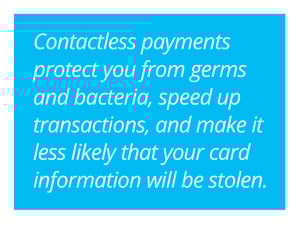 Contactless payments protect you from germs and bacteria, speed up transactions, and make it less likely that your card information will be stolen.