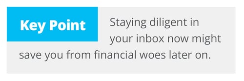 Key point about preventing future financial issues by monitoring email diligently.