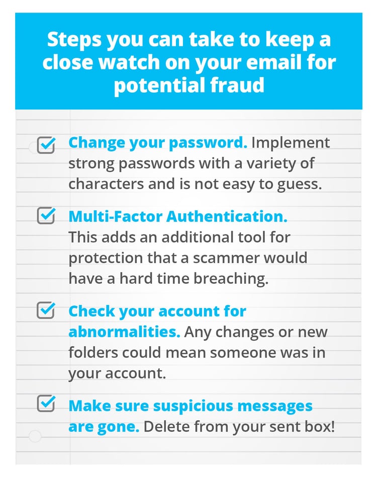 Checklist of steps to secure email against fraud, including password updates and MFA.