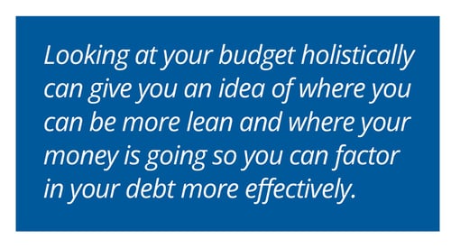 Quote encouraging holistic budgeting to manage debt more effectively.