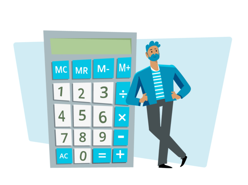 Cartoon man leans on oversized calculator with financial symbols.