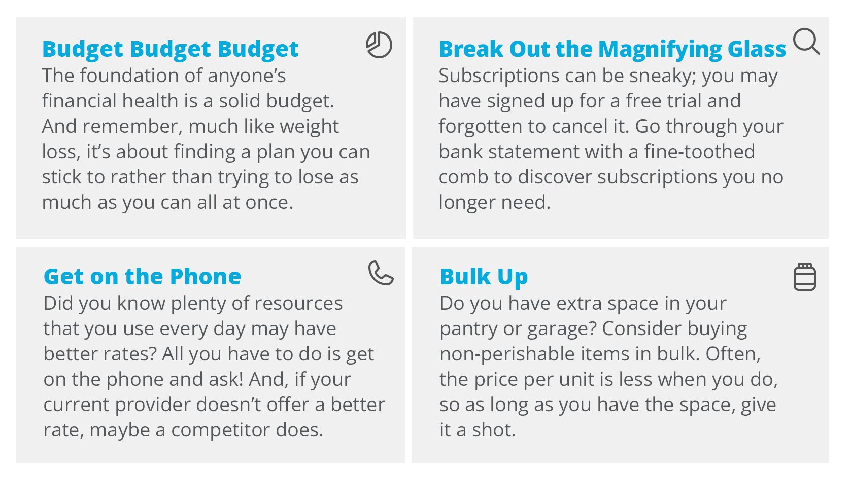 Four financial tips: budget wisely, cancel unused subscriptions, negotiate rates, and buy in bulk.
