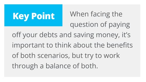 Comparison chart showing pros and cons of being debt-free versus having savings.