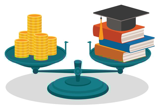 Balance with coins on one side and books and grad cap on other.