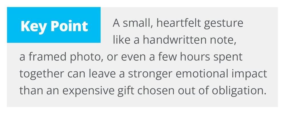 A small, heartfelt gesture like a handwritten note, a framed photo, or even a few hours spent together can leave a stronger emotional impact than an expensive gift chosen out of obligation