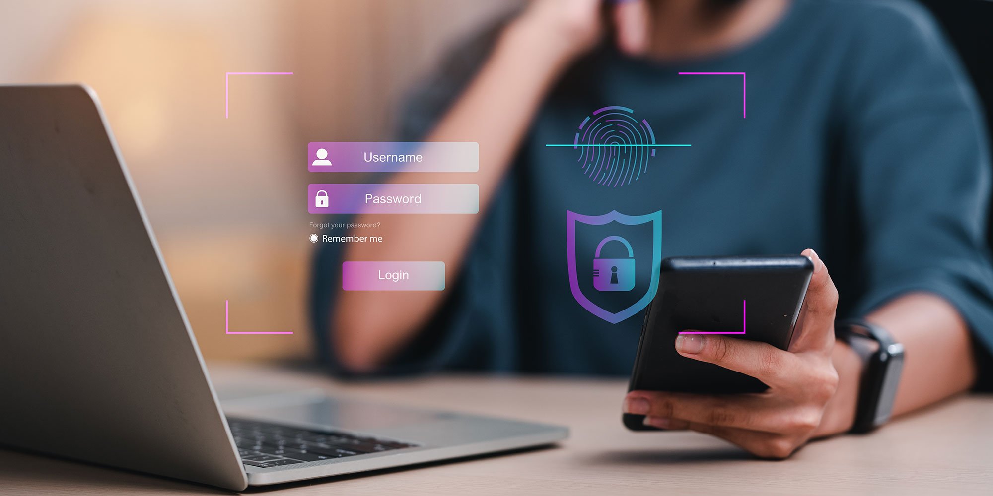 Person uses smartphone and laptop to log in with security icons overlayed.